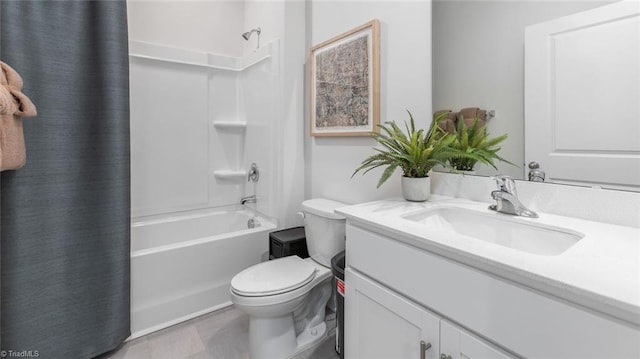 full bathroom with vanity, shower / bath combination with curtain, and toilet