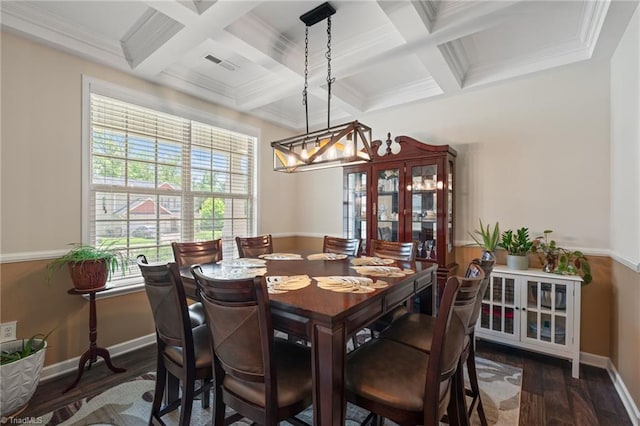 1951 Rubywood St, Greensboro, NC 27405 - dining room featuring coffered ceiling, wood finished floors, beamed ceiling, ornamental molding, and a chandelier