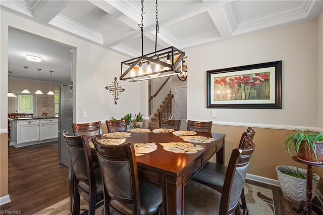 1951 Rubywood St, Greensboro, NC 27405 - dining area featuring coffered ceiling, stairs, dark wood-type flooring, ornamental molding, and a chandelier