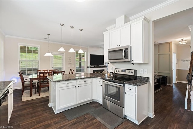 1951 Rubywood St, Greensboro, NC 27405 - kitchen featuring appliances with stainless steel finishes, a peninsula, dark wood-style floors, white cabinetry, and crown molding