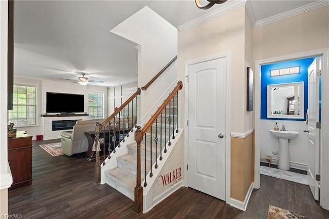 1951 Rubywood St, Greensboro, NC 27405 - staircase with ceiling fan, wood finished floors, and ornamental molding