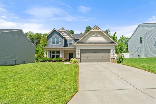 1951 Rubywood St, Greensboro, NC 27405 - craftsman house with concrete driveway, a garage, a front lawn, board and batten siding, and brick siding