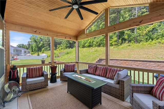 1951 Rubywood St, Greensboro, NC 27405 - wooden deck with outdoor lounge area, a yard, and ceiling fan