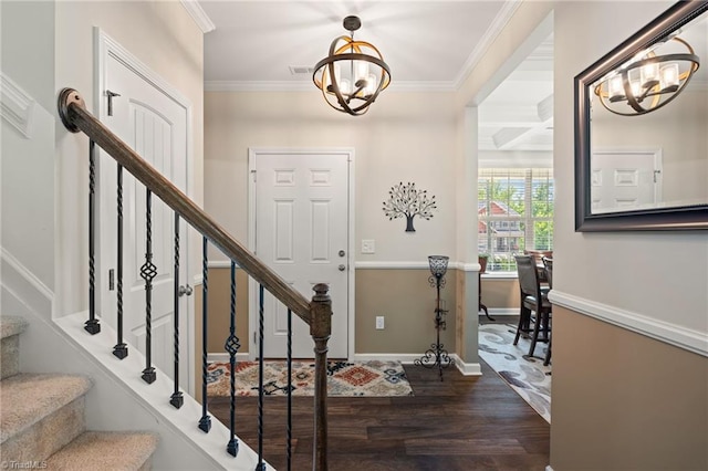 1951 Rubywood St, Greensboro, NC 27405 - entrance foyer featuring a chandelier, ornamental molding, wood finished floors, stairway, and coffered ceiling