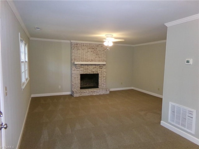 203 Turkey Hill Dr, King, NC 27021 - unfurnished living room featuring a ceiling fan, carpet floors, crown molding, and a fireplace