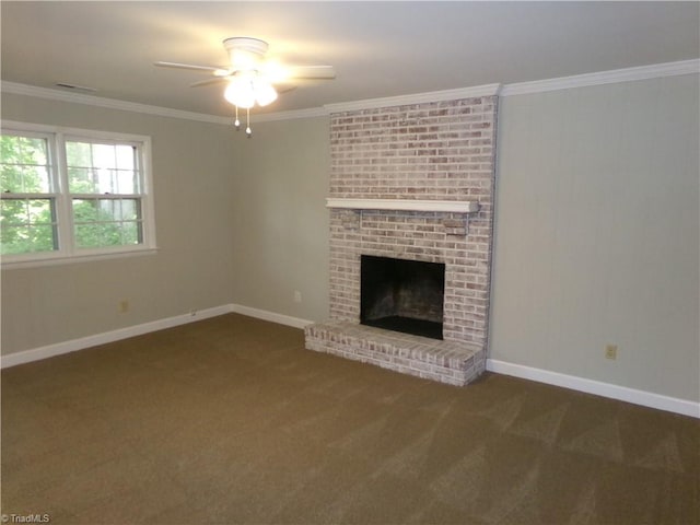 203 Turkey Hill Dr, King, NC 27021 - unfurnished living room featuring carpet flooring, a ceiling fan, a fireplace, and ornamental molding