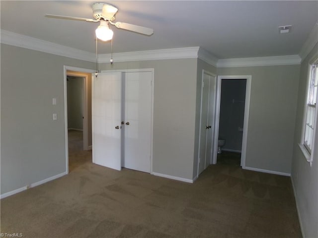 203 Turkey Hill Dr, King, NC 27021 - unfurnished bedroom featuring carpet floors, ornamental molding, a ceiling fan, and ensuite bath