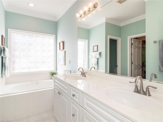 bathroom with a relaxing tiled tub, vanity, and crown molding