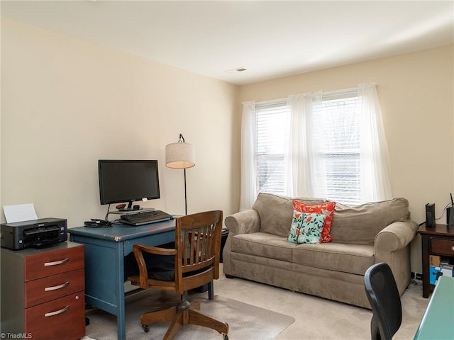 office area featuring light carpet