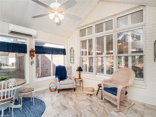 sunroom with an AC wall unit, lofted ceiling, ceiling fan, and wood ceiling