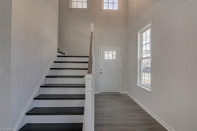 entrance foyer with stairway, baseboards, and wood finished floors