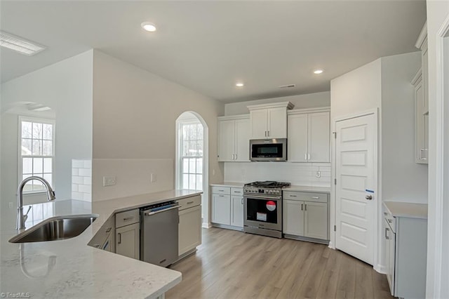 kitchen featuring stainless steel appliances, plenty of natural light, a sink, and light wood-style floors