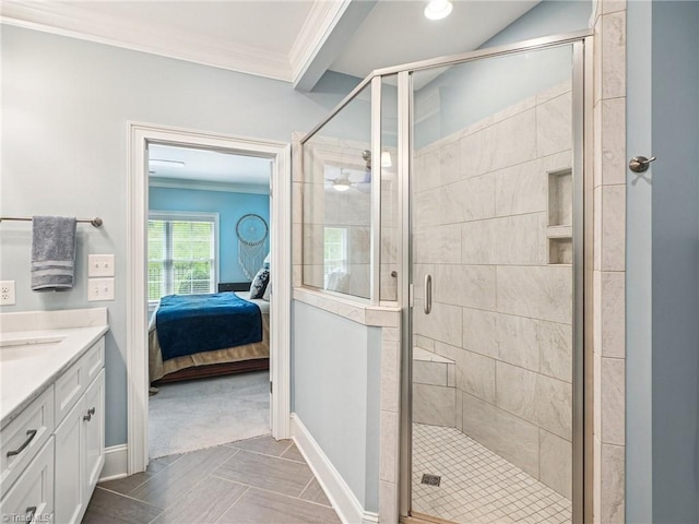 1659 Angus Ridge Dr, Kernersville, NC 27284 - ensuite bathroom with crown molding, vanity, a stall shower, baseboards, and recessed lighting