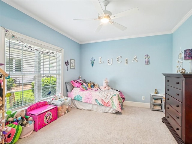1659 Angus Ridge Dr, Kernersville, NC 27284 - bedroom featuring crown molding, multiple windows, light colored carpet, ceiling fan, and baseboards