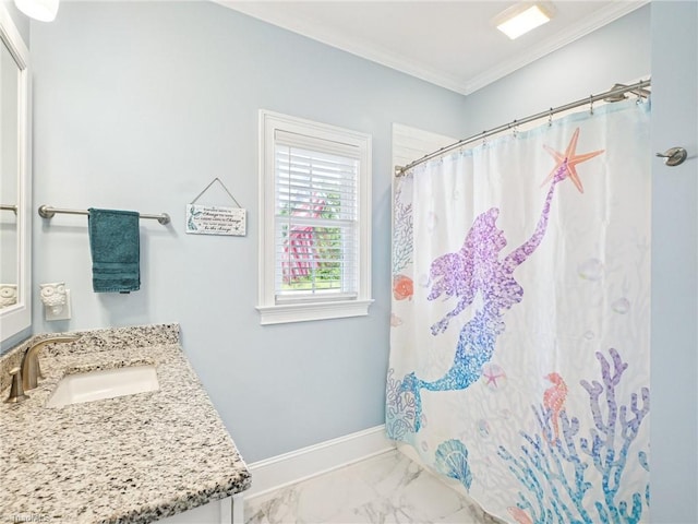 1659 Angus Ridge Dr, Kernersville, NC 27284 - full bath with vanity, crown molding, marble look tiles, a shower with shower curtain, and baseboards