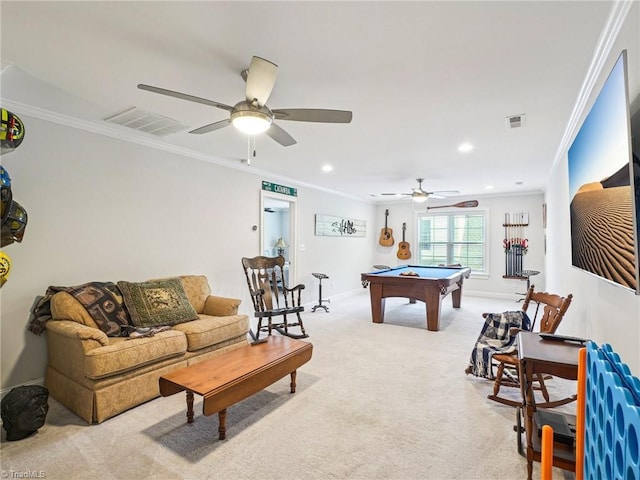 1659 Angus Ridge Dr, Kernersville, NC 27284 - rec room featuring billiards, light carpet, crown molding, a ceiling fan, and baseboards