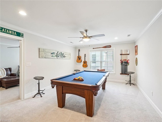 1659 Angus Ridge Dr, Kernersville, NC 27284 - recreation room with light colored carpet, crown molding, billiards table, ceiling fan, and baseboards