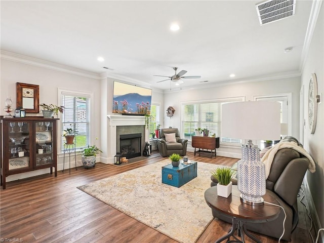 1659 Angus Ridge Dr, Kernersville, NC 27284 - living area featuring healthy amount of natural light, ornamental molding, wood finished floors, a ceiling fan, and a fireplace with flush hearth