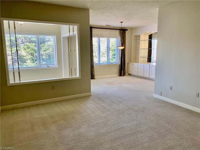 spare room with light colored carpet, plenty of natural light, and a textured ceiling