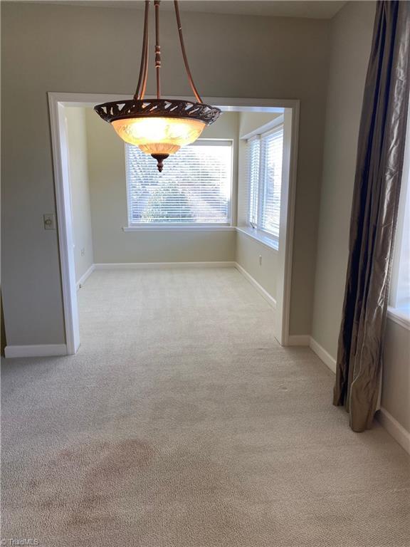 unfurnished dining area with light colored carpet