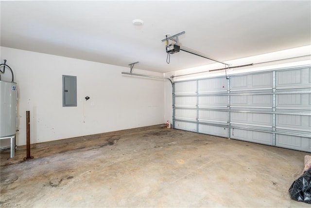 garage featuring a garage door opener, electric water heater, and electric panel