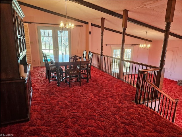 112 Balcony Ln, Mount Airy, NC 27030 - dining room with vaulted ceiling with beams, french doors, and an inviting chandelier