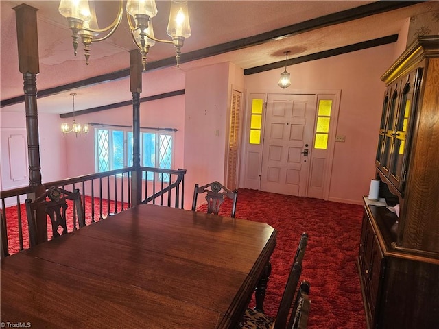 112 Balcony Ln, Mount Airy, NC 27030 - dining room with vaulted ceiling with beams, carpet, and an inviting chandelier