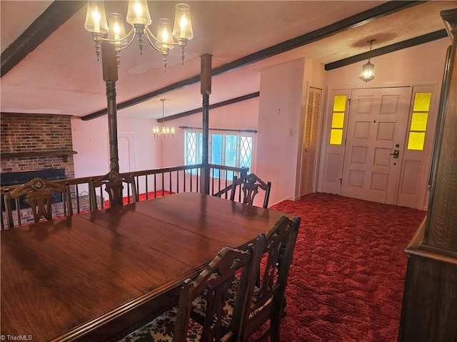 112 Balcony Ln, Mount Airy, NC 27030 - carpeted dining room with vaulted ceiling with beams, a notable chandelier, and a fireplace