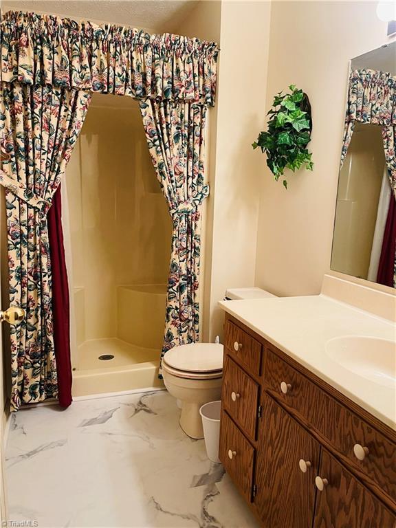 bathroom with vanity, toilet, and walk in shower