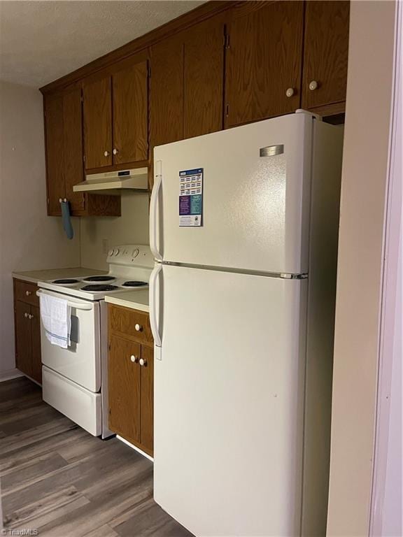 kitchen with dark wood-type flooring and white appliances