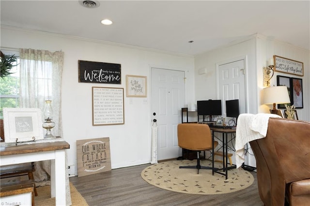 4345 Mcintyre Rd, Gibsonville, NC 27249 - home office featuring wood finished floors, ornamental molding, and recessed lighting