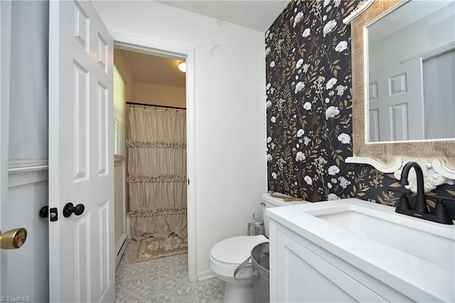 4345 Mcintyre Rd, Gibsonville, NC 27249 - bathroom with vanity, wallpapered walls, tile patterned flooring, and a shower with shower curtain