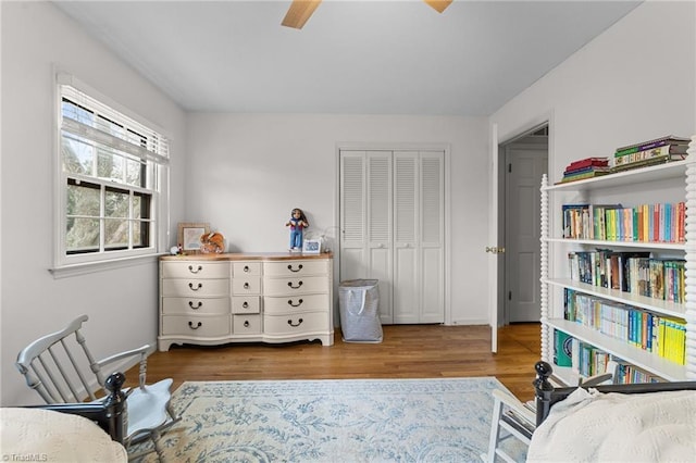 interior space with hardwood / wood-style flooring, ceiling fan, and a closet