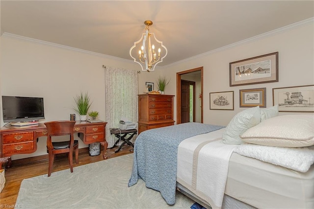 250 Oakmont Ter, Lexington, NC 27295 - bedroom with crown molding, wood finished floors, and a chandelier