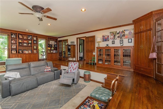 250 Oakmont Ter, Lexington, NC 27295 - living area with a ceiling fan, crown molding, recessed lighting, and built in shelves
