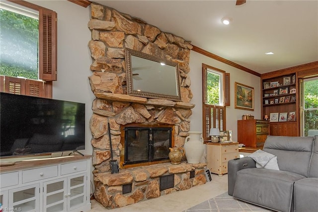 250 Oakmont Ter, Lexington, NC 27295 - living room featuring crown molding, a fireplace, carpet floors, and plenty of natural light