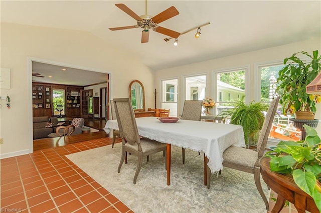 250 Oakmont Ter, Lexington, NC 27295 - dining room with vaulted ceiling, tile patterned flooring, and a ceiling fan