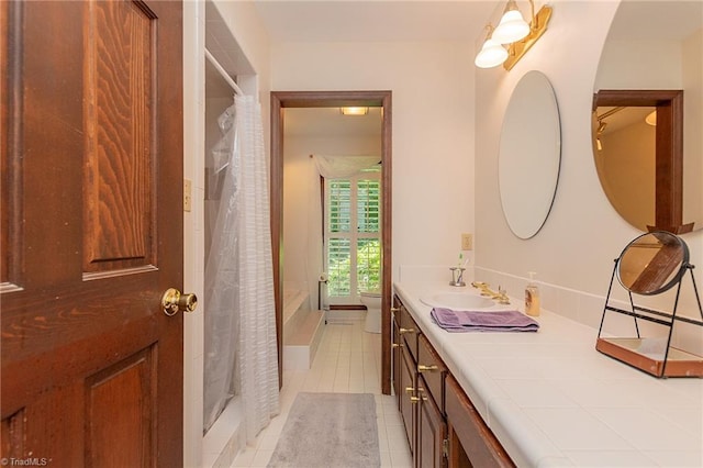 250 Oakmont Ter, Lexington, NC 27295 - full bath with double vanity, tile patterned floors, and a shower with curtain
