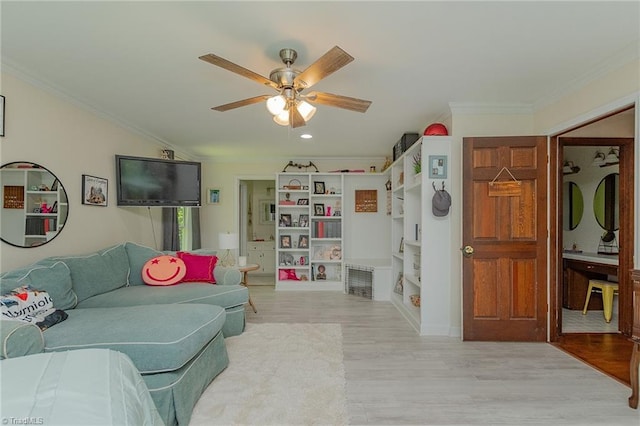 250 Oakmont Ter, Lexington, NC 27295 - living room with ornamental molding, ceiling fan, and light wood-style flooring