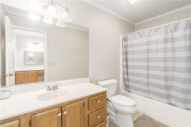 full bathroom featuring vanity, toilet, ornamental molding, and shower / bath combo