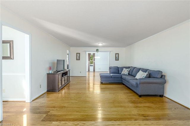 living room with crown molding and light wood-type flooring