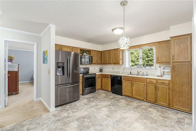 kitchen with a textured ceiling, black appliances, pendant lighting, crown molding, and sink