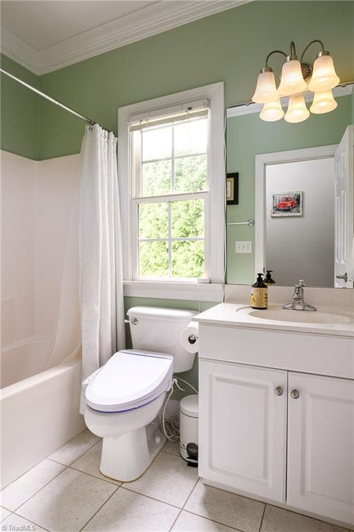 15 Orchard Grass Ct, Greensboro, NC 27410 - full bath featuring ornamental molding, vanity, tile patterned flooring, toilet, and a chandelier