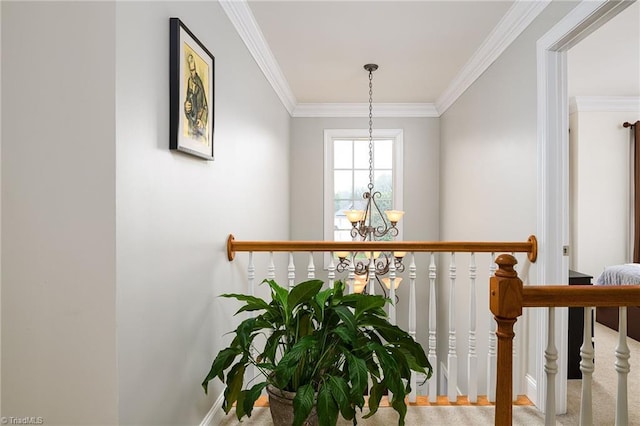 15 Orchard Grass Ct, Greensboro, NC 27410 - stairway featuring a chandelier, ornamental molding, baseboards, and carpet flooring