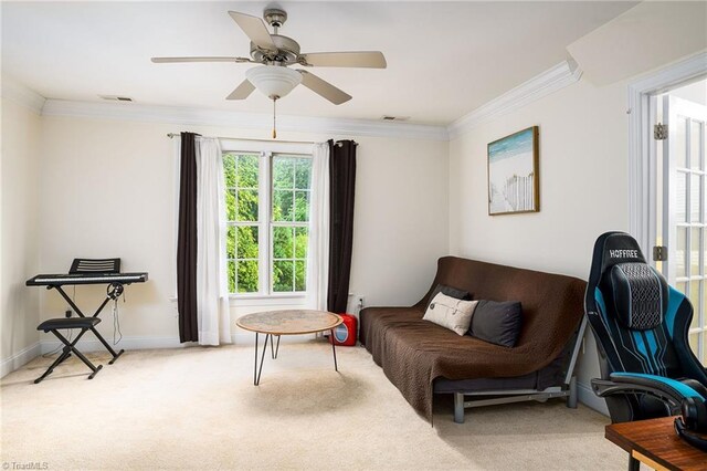 15 Orchard Grass Ct, Greensboro, NC 27410 - living area with carpet, ornamental molding, and a ceiling fan