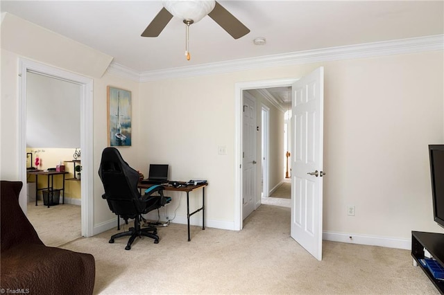 15 Orchard Grass Ct, Greensboro, NC 27410 - office area featuring crown molding, light carpet, a ceiling fan, and baseboards
