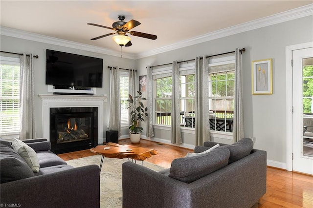 15 Orchard Grass Ct, Greensboro, NC 27410 - living area with ceiling fan, ornamental molding, a fireplace with flush hearth, wood finished floors, and baseboards