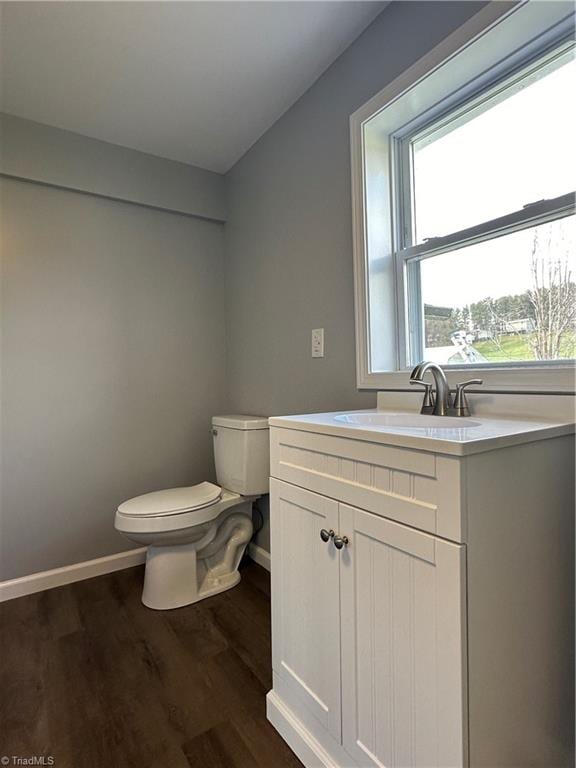 bathroom with hardwood / wood-style flooring, vanity, and toilet