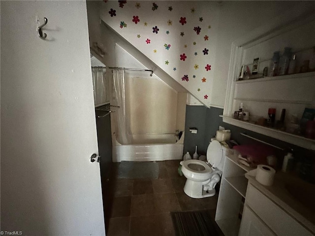 full bathroom with tile patterned floors, vanity, shower / tub combo with curtain, and toilet