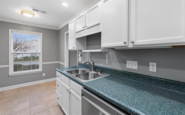 kitchen with crown molding, sink, white cabinets, and stainless steel dishwasher